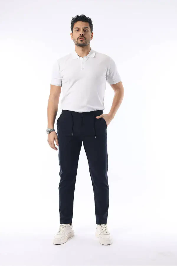 Men's Navy Jogger Cut Elastic Waistband Stretch Lycra Slim Fit Fabric Pants - 3