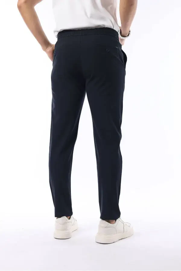 Men's Navy Jogger Cut Elastic Waistband Stretch Lycra Slim Fit Fabric Pants - 5
