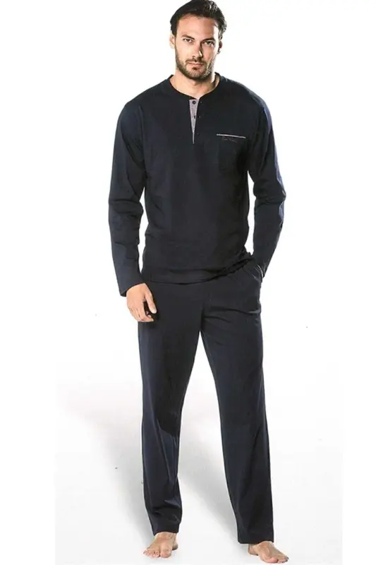 Men's Navy Long Sleeve Pajama Set-Navy - 1