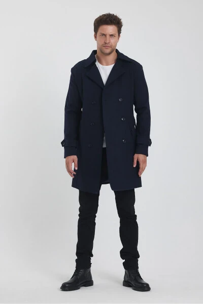 Men's Navy Long Wool Coat - 10