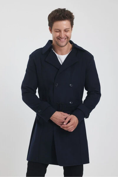 Men's Navy Long Wool Coat - 12