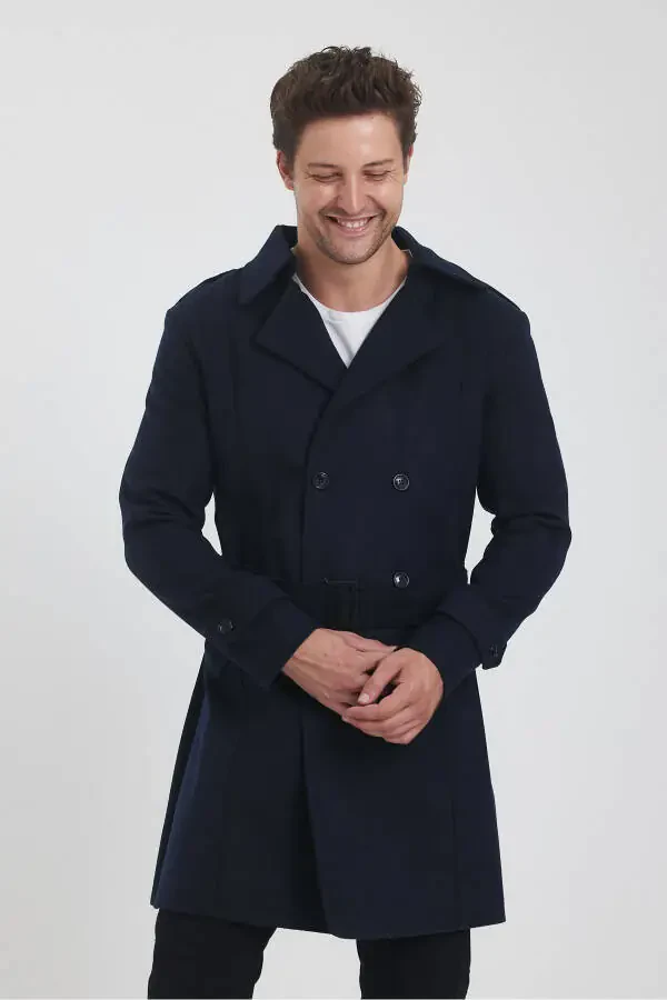 Men's Navy Long Wool Coat - 12