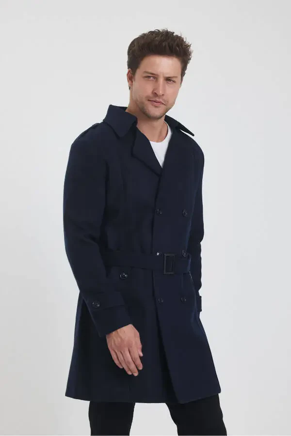 Men's Navy Long Wool Coat - 13