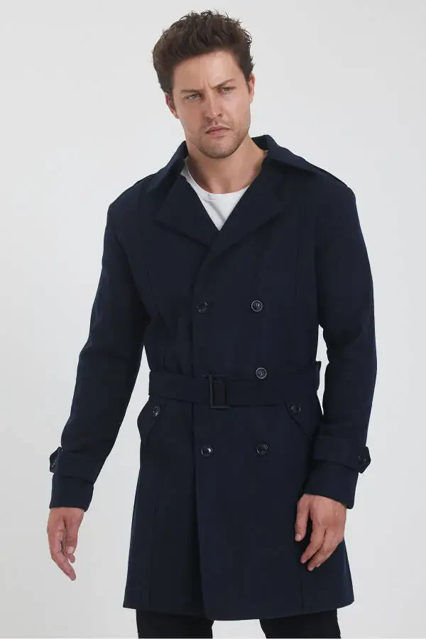 Men's Navy Long Wool Coat - 1