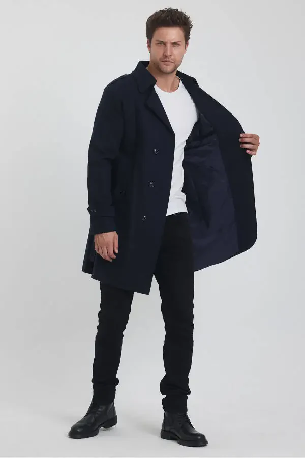 Men's Navy Long Wool Coat - 3