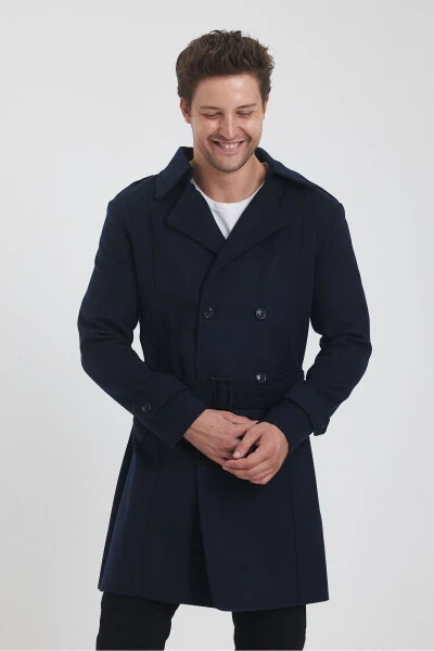 Men's Navy Long Wool Coat - 4