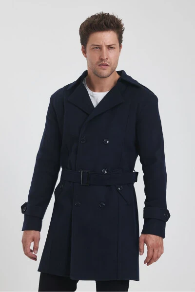 Men's Navy Long Wool Coat - 6