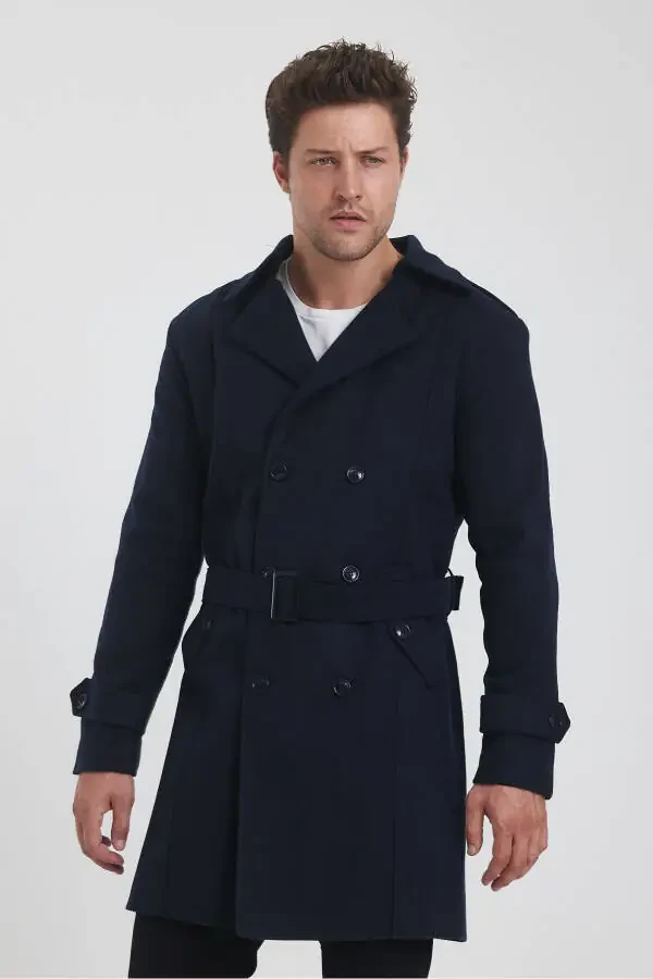 Men's Navy Long Wool Coat - 6