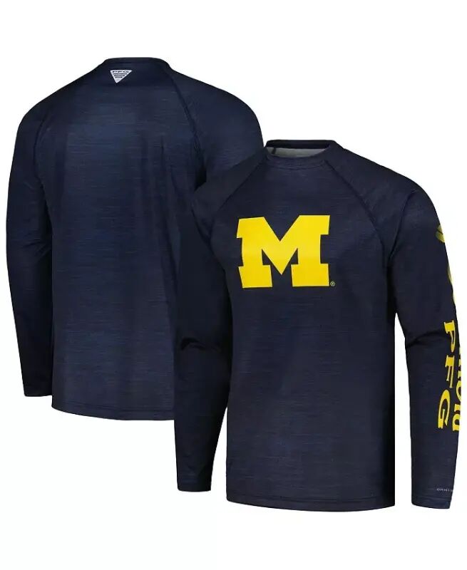 Men's Navy Michigan Wolverines PFG Terminal Tackle Omni-Shade Raglan Long Sleeve T-shirt - 1