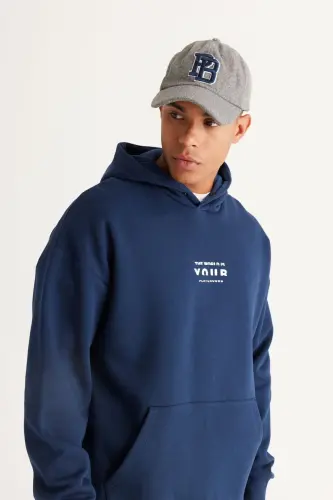 Men's Navy Oversize Fit Loose Cut Hooded Fleece Lined 3 Thread Cotton Sweatshirt-Navy - AC&CO / ALTINYILDIZ CLASSICS (1)