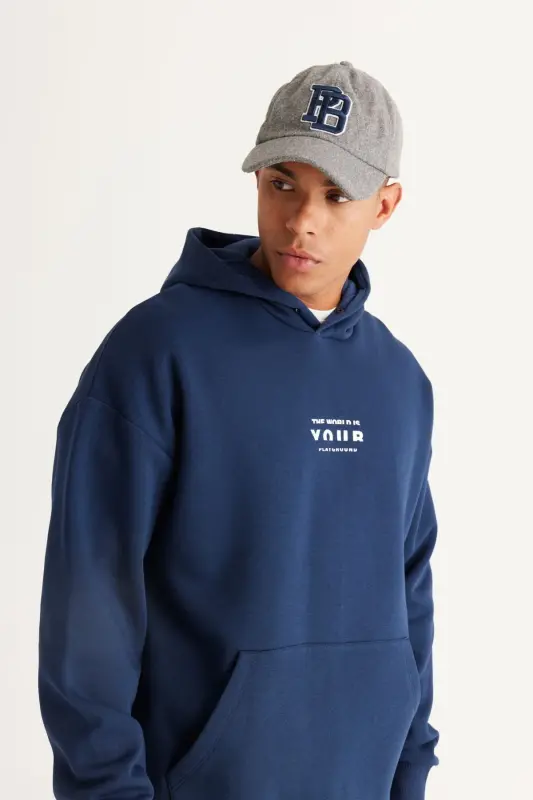 Men's Navy Oversize Fit Loose Cut Hooded Fleece Lined 3 Thread Cotton Sweatshirt-Navy - 2