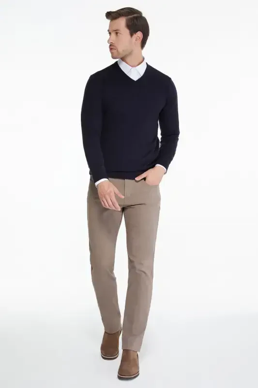 Men's Navy Patterned V-Neck Knit Sweater - HATEMOĞLU