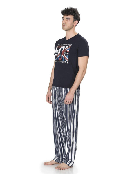 Men's Navy Printed V-Neck Pajama Set - 8