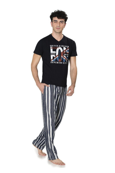 Men's Navy Printed V-Neck Pajama Set - 3