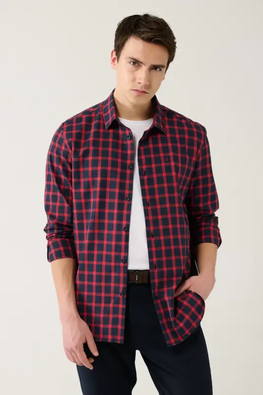 Men's Navy-Red Unisex Lumberjack Shirt Classic Collar 100% Cotton Plaid Flannel Comfort Fit A32y21 - 1