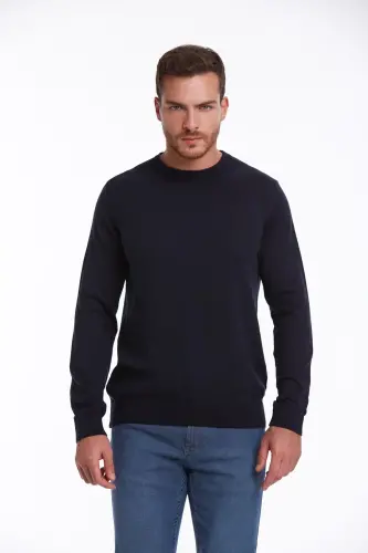 Men's Navy Regular Fit 100% Cotton Crew Neck - HATEMOĞLU (1)