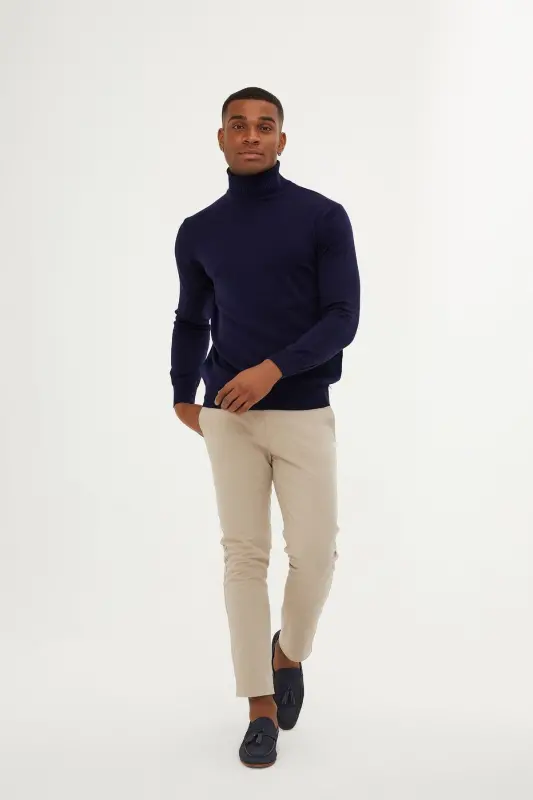 Men's Navy Regular Fit Turtleneck Knit Sweater - 2