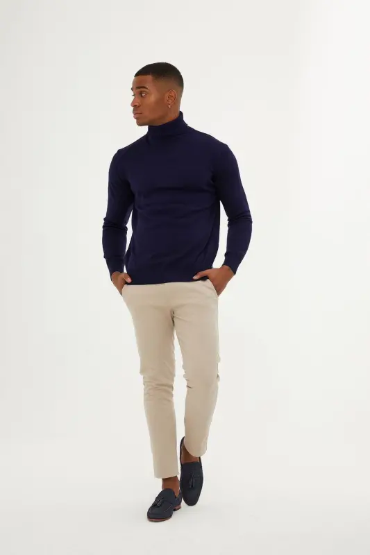 Men's Navy Regular Fit Turtleneck Knit Sweater - 3