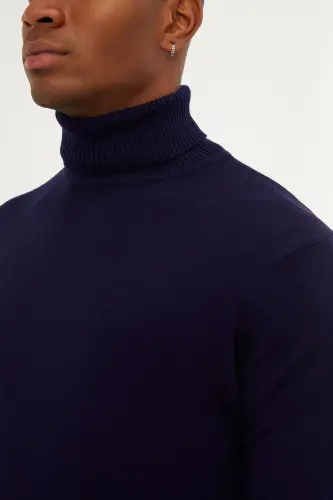 Men's Navy Regular Fit Turtleneck Knit Sweater - 4