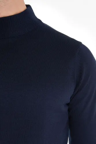 Men's Navy Regular Fit Turtleneck Knit Sweater-Navy - 4