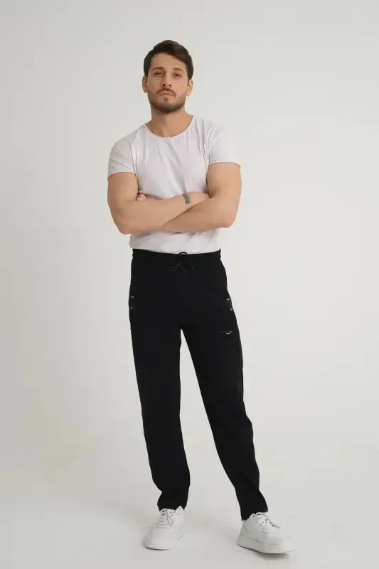 Men's Navy Relaxed Fit Straight Leg Embroidered Detail Jersey Knit Sweatpants-Navy - 2