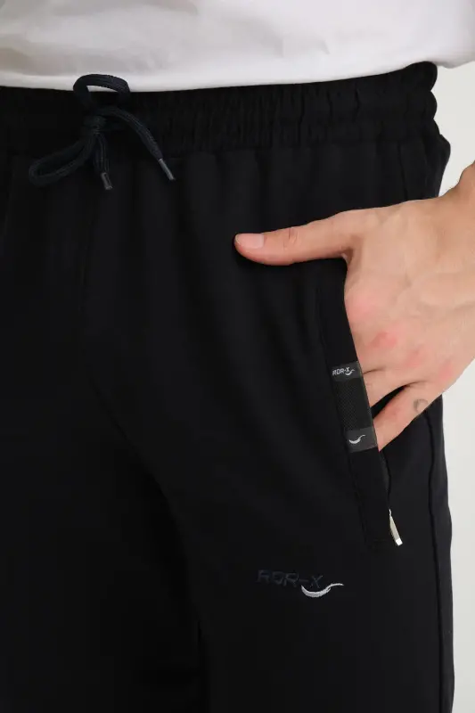 Men's Navy Relaxed Fit Straight Leg Embroidered Detail Jersey Knit Sweatpants-Navy - 5