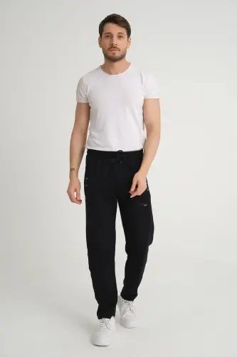 Men's Navy Relaxed Fit Straight Leg Embroidered Detail Jersey Knit Sweatpants-Navy - 6