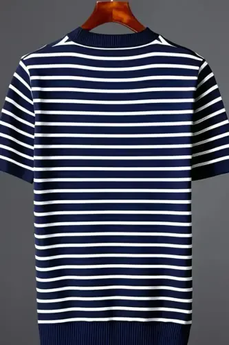 Men's Navy Short Sleeve Ribbed Acrylic-Cotton Blend Knitted T-Shirt-Navy - 3