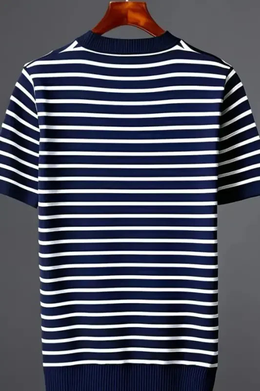 Men's Navy Short Sleeve Ribbed Acrylic-Cotton Blend Knitted T-Shirt-Navy - 3