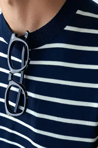 Men's Navy Short Sleeve Ribbed Acrylic-Cotton Blend Knitted T-Shirt-Navy - 4