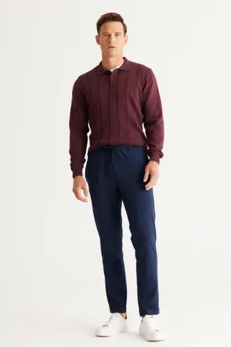 Men's Navy Slim Fit Comfort Fit Tie Waist Side Pocket Jogger Pants-Navy - 5