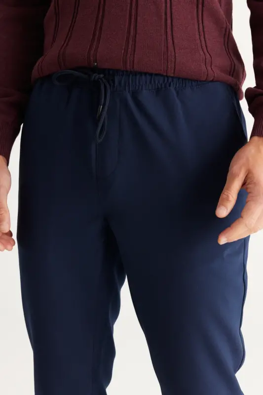 Men's Navy Slim Fit Comfort Fit Tie Waist Side Pocket Jogger Pants-Navy - 7
