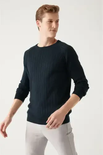 Men's Navy Slim Fit Jacquard Knit Sweater - 3