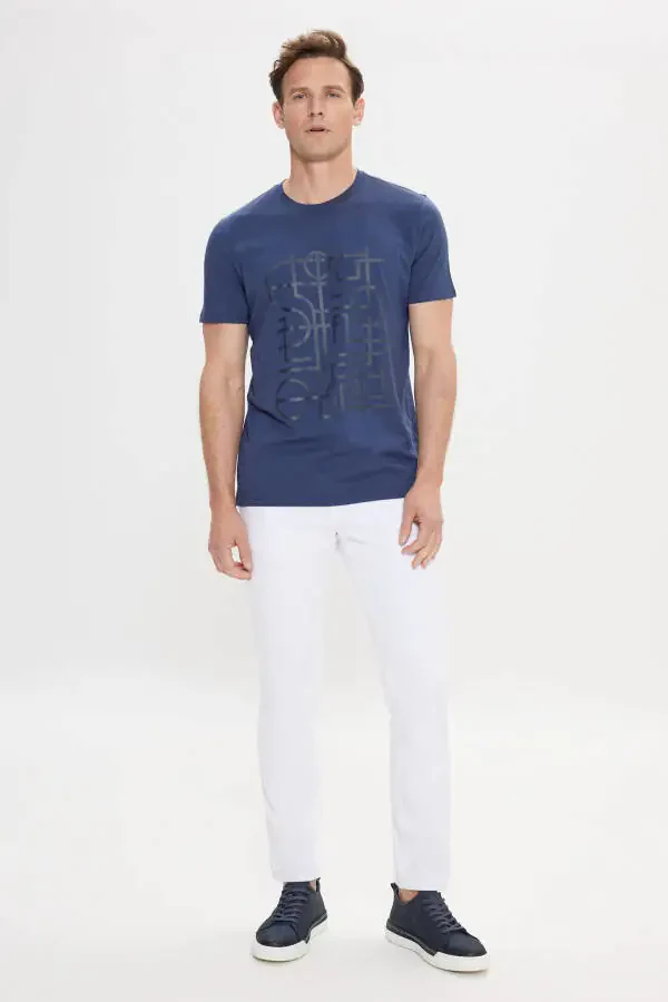 Men's Navy Slim Fit Narrow Cut 100% Cotton Printed Crew Neck T-Shirt - 2