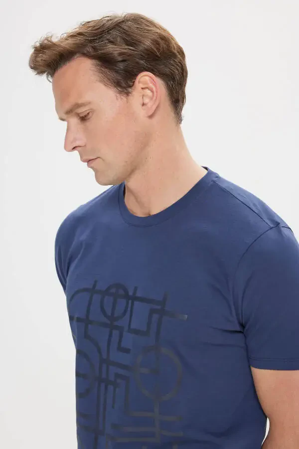 Men's Navy Slim Fit Narrow Cut 100% Cotton Printed Crew Neck T-Shirt - 3