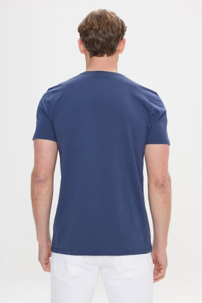 Men's Navy Slim Fit Narrow Cut 100% Cotton Printed Crew Neck T-Shirt - 4