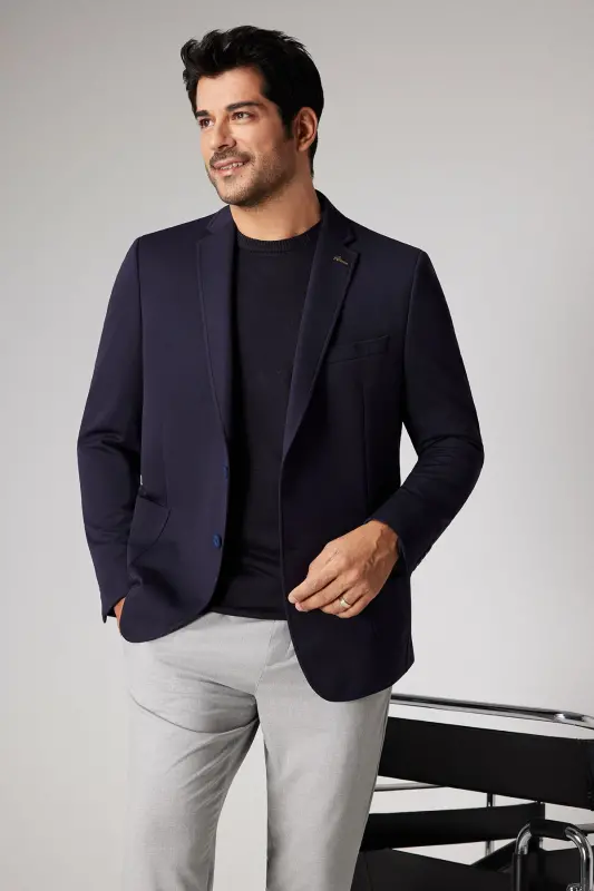 Men's Navy Slim Fit Narrow Cut One-Button Casual Blazer Jacket - 1