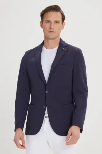 Men's Navy Slim Fit Narrow Cut One-Button Casual Blazer Jacket - 4