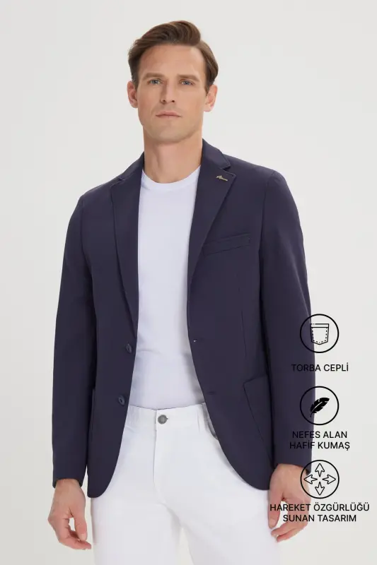 Men's Navy Slim Fit Narrow Cut One-Button Casual Blazer Jacket - 9