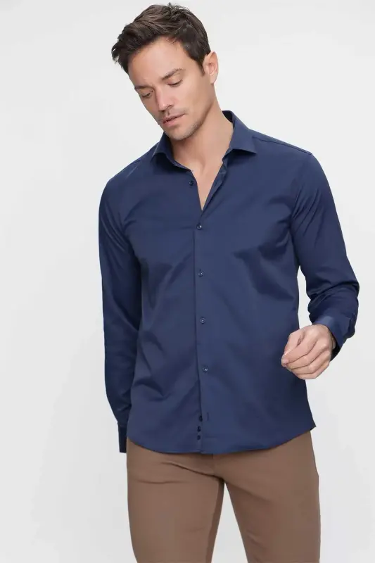 Men's Navy Slim Fit Narrow Cut Plain Stiff Collar Long Sleeve Shirt - 3