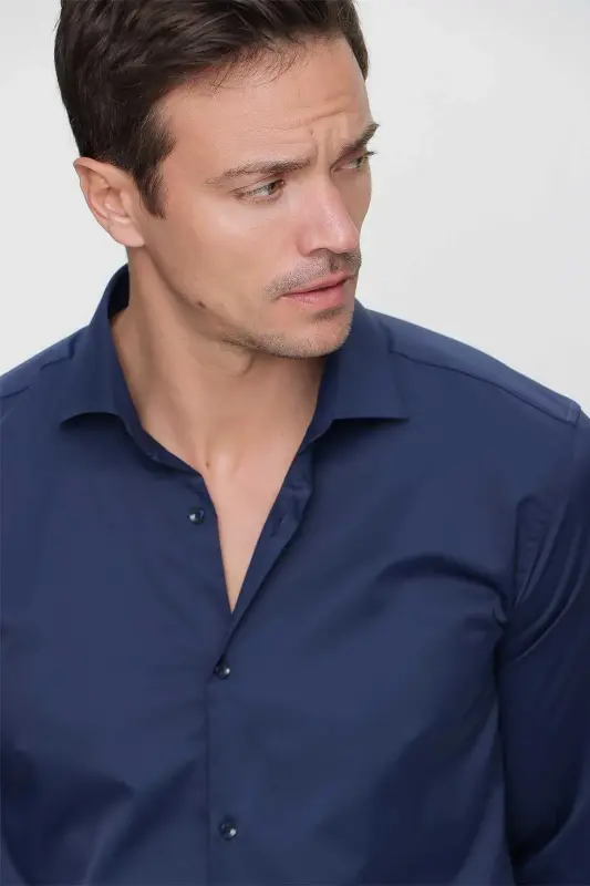 Men's Navy Slim Fit Narrow Cut Plain Stiff Collar Long Sleeve Shirt - 5