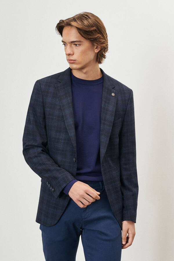 Men's Navy Slim Fit Narrow Cut Single-Breasted Plaid Blazer - 1