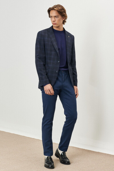 Men's Navy Slim Fit Narrow Cut Single-Breasted Plaid Blazer - ALTINYILDIZ CLASSICS (1)