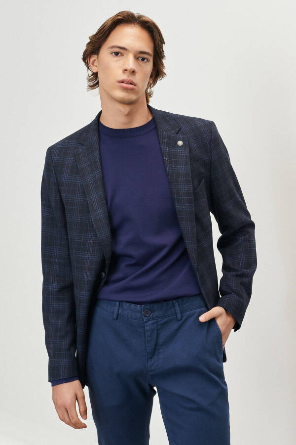 Men's Navy Slim Fit Narrow Cut Single-Breasted Plaid Blazer - 3