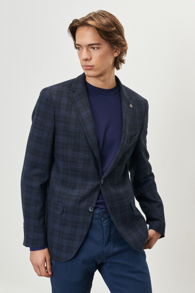 Men's Navy Slim Fit Narrow Cut Single-Breasted Plaid Blazer - 4