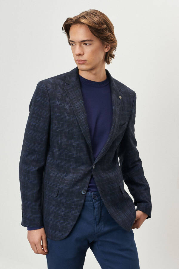 Men's Navy Slim Fit Narrow Cut Single-Breasted Plaid Blazer - 4