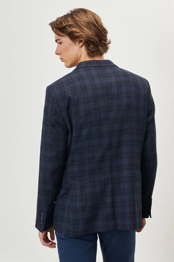 Men's Navy Slim Fit Narrow Cut Single-Breasted Plaid Blazer - 5