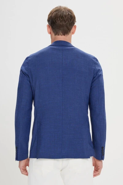 Men's Navy Slim Fit Narrow Lapel Patterned Blazer Jacket - 7