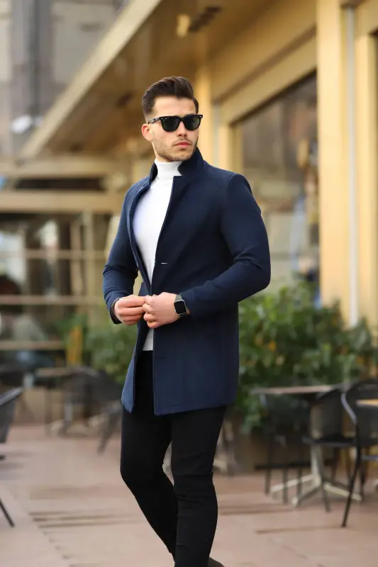 Men's Navy Slim Fit Peacoat - 1
