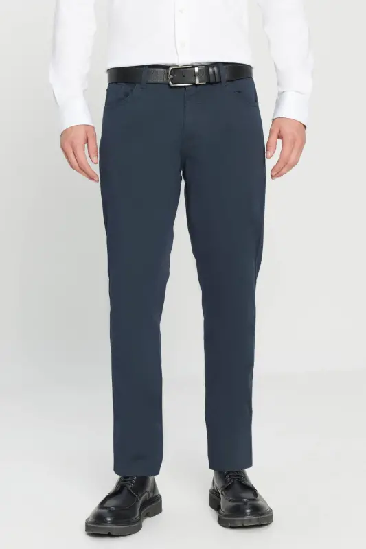 Men's Navy Slim Fit Skinny 5 Pocket Cotton Canvas Stretch Chino Pants - 1